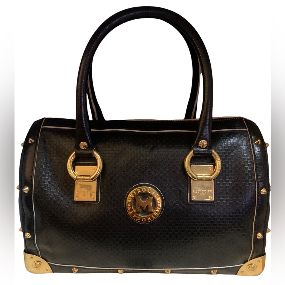 Metrocity Boston doctor’s bag black gold hardware and dust bag.